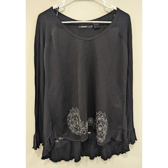 Desigual Black Lace Hem High Low Long Sleeve Top Size Small - Picture 1 of 6